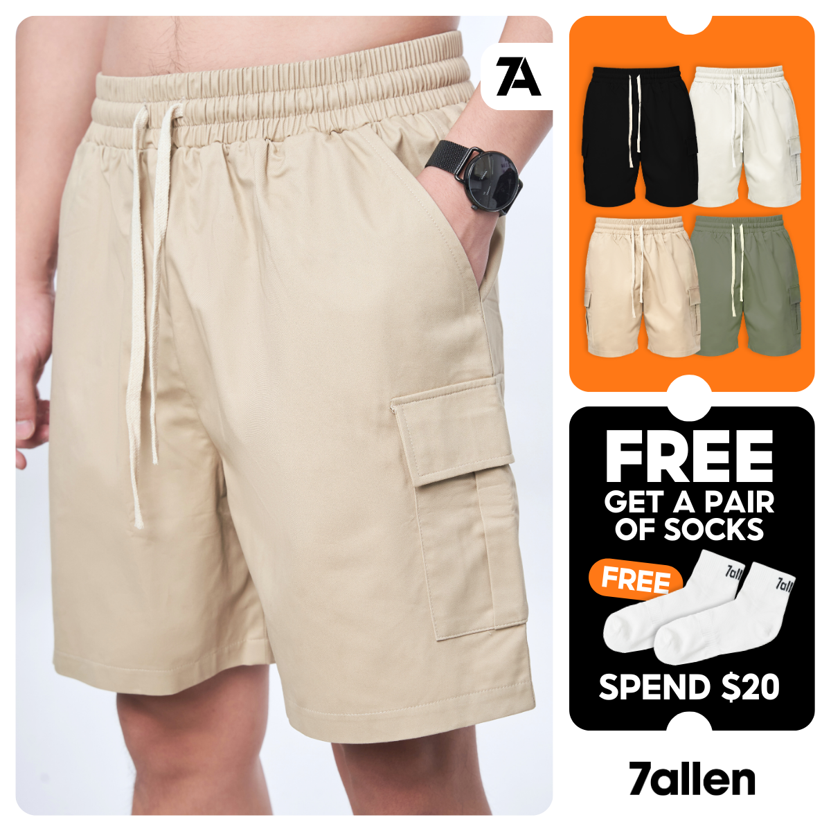 7allen Cargo Pocket Khaki Shorts