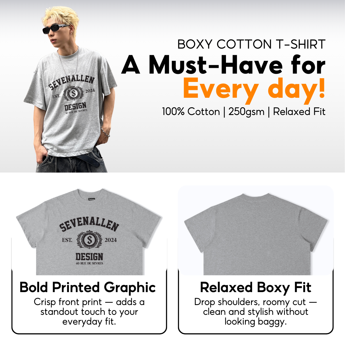 7allen Unisex Boxy T-Shirt 100% Cotton 250gsm, Graphic Tee