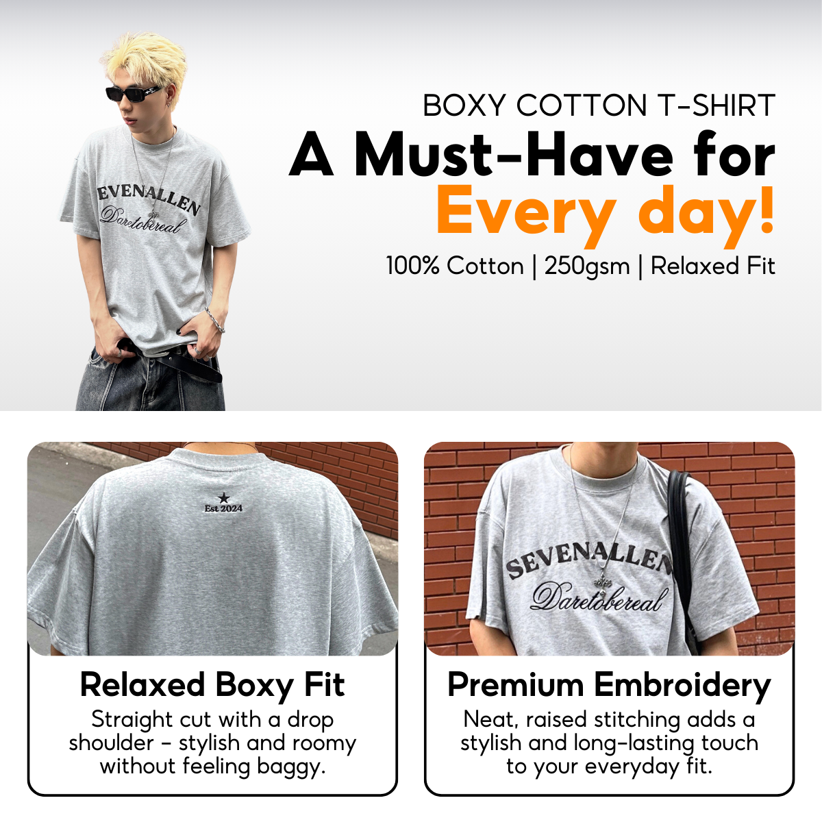 7allen Boxy T-Shirt 100% Cotton 250gsm, Embroidery Shirt